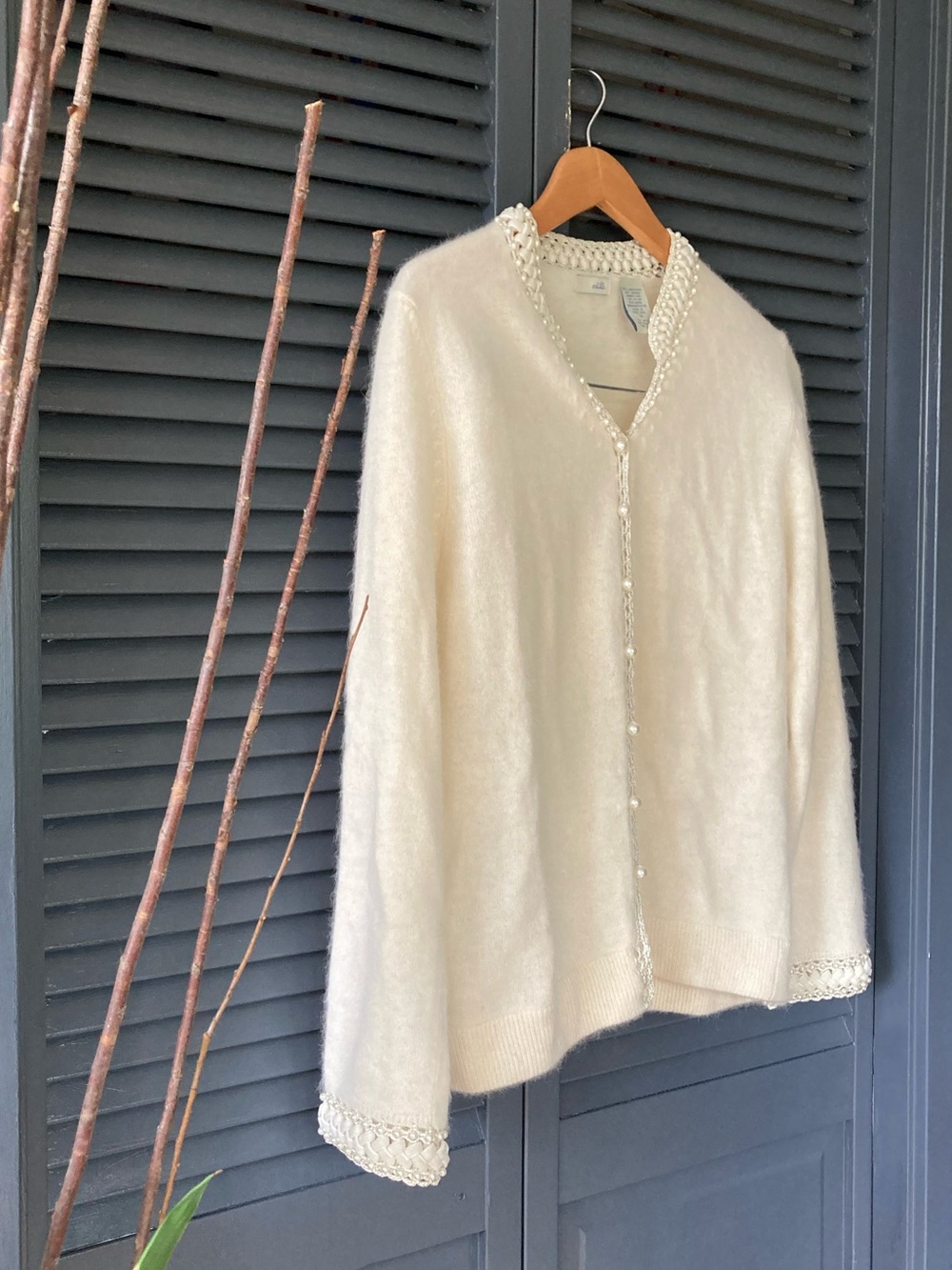 Odille Cream Pearl-Trim Angora Blend Cardigan